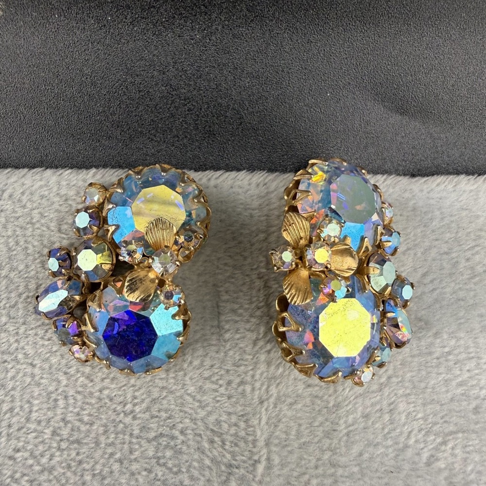 Vintage Alice Caviness Clip On Earrings ONE MISSING BACK Gold Tone AB Rhinestone